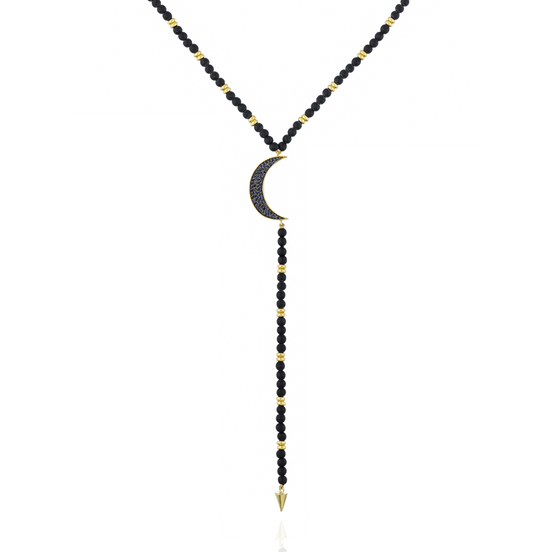 Load image into Gallery viewer, 925 Silver Moon Necklace with Matte Onyx Beads
