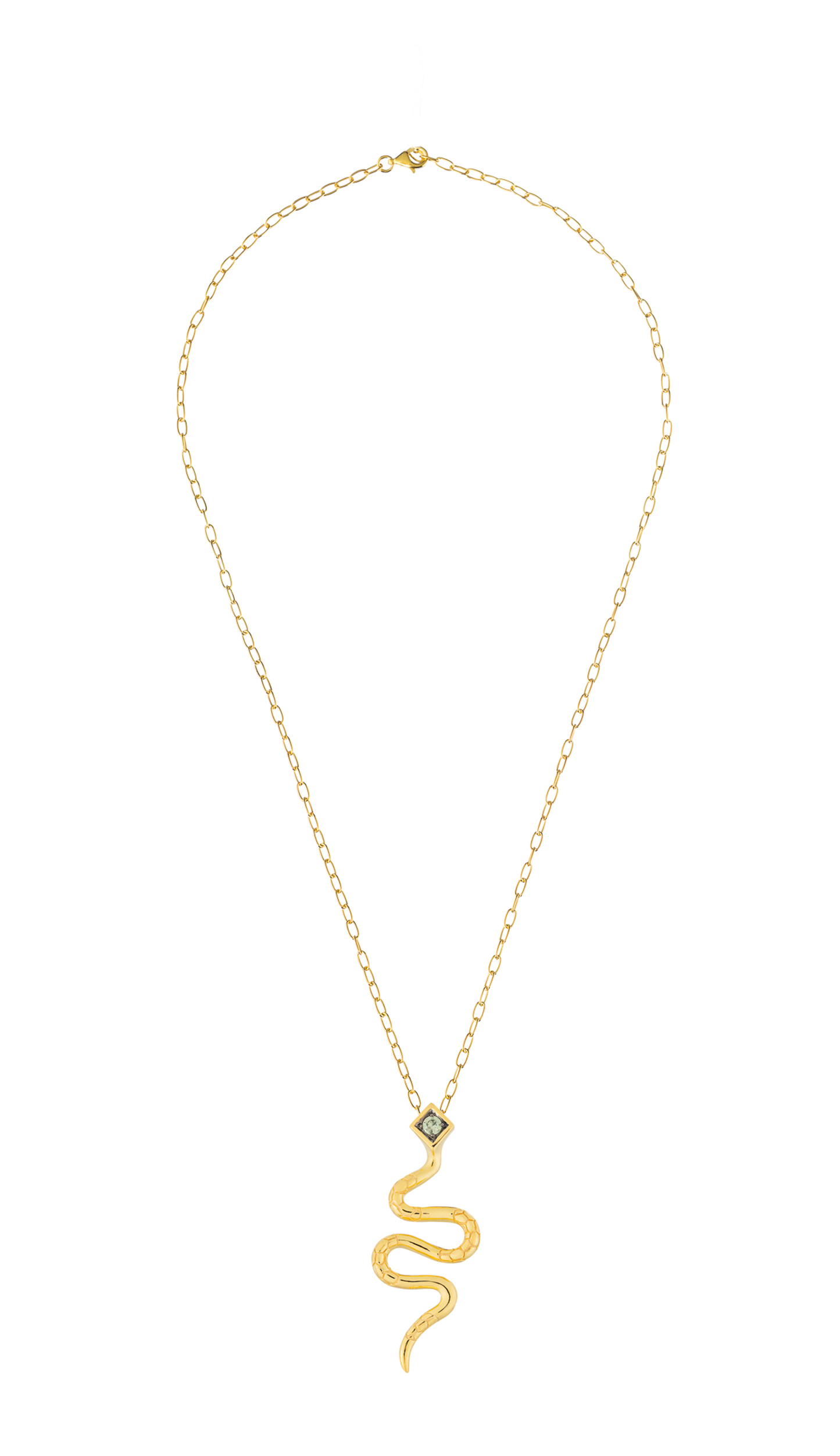 925 Silver  Snake Necklace Yellow Gold Plated with Green Sapphire