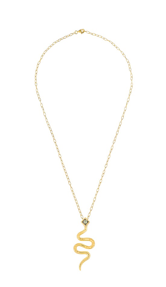 925 Silver  Snake Necklace Yellow Gold Plated with Green Sapphire