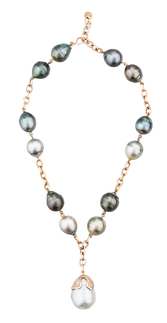 14k Rose Gold Necklace with South Sea Pearls and Diamonds