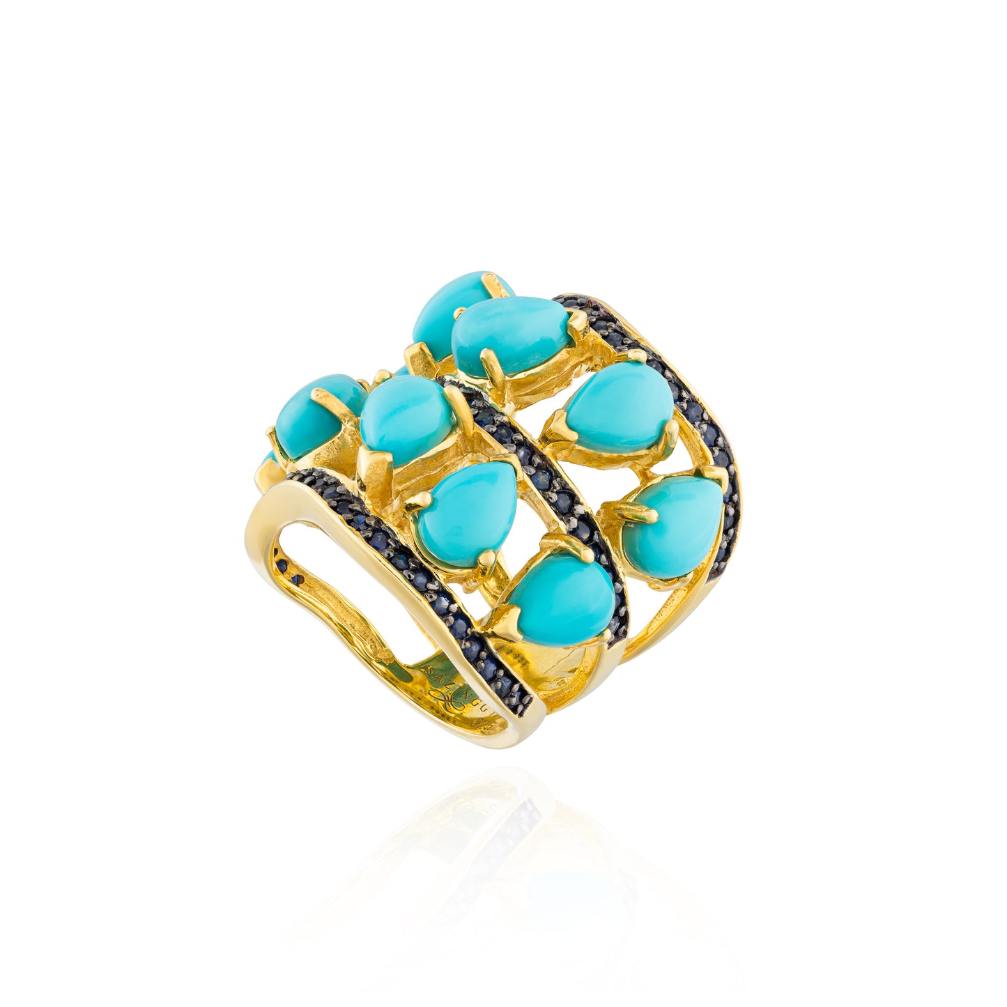 925 Silver Ring with Turquoise Cabochons & Sapphires