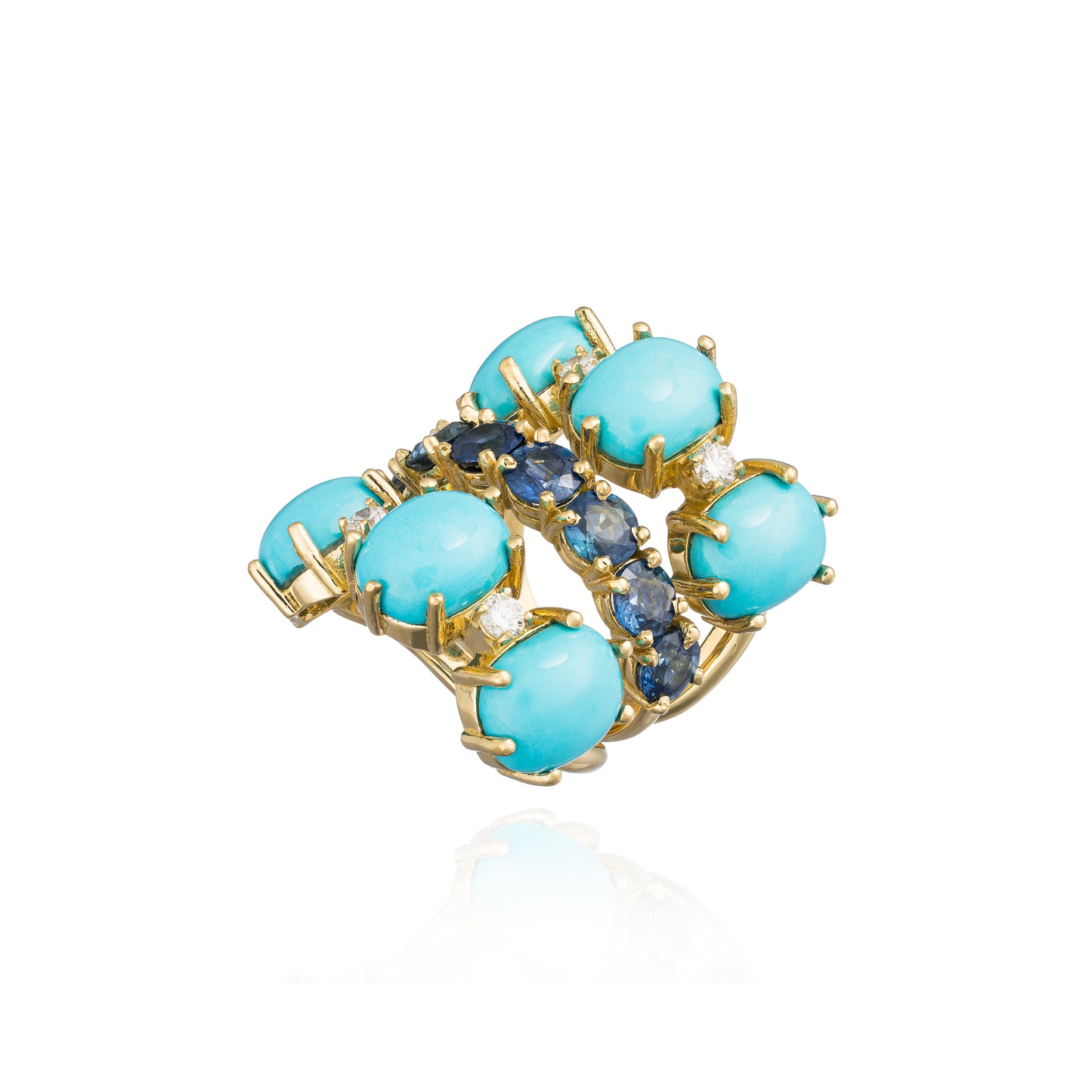 Load image into Gallery viewer, 18K Yellow Gold Ring with Turquoise Cabochon &amp;amp; Blue Sapphires
