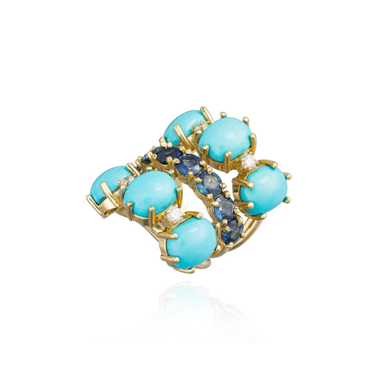 18K Yellow Gold Ring with Turquoise Cabochon & Blue Sapphires