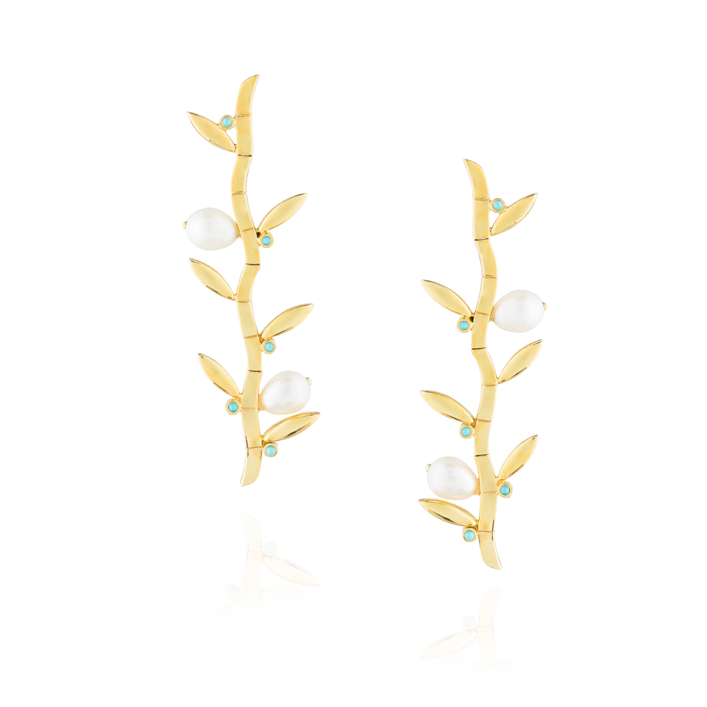 925 Silver Gold  Plated Earrings Fresh Water Pearl with Turquoise Cabouchon