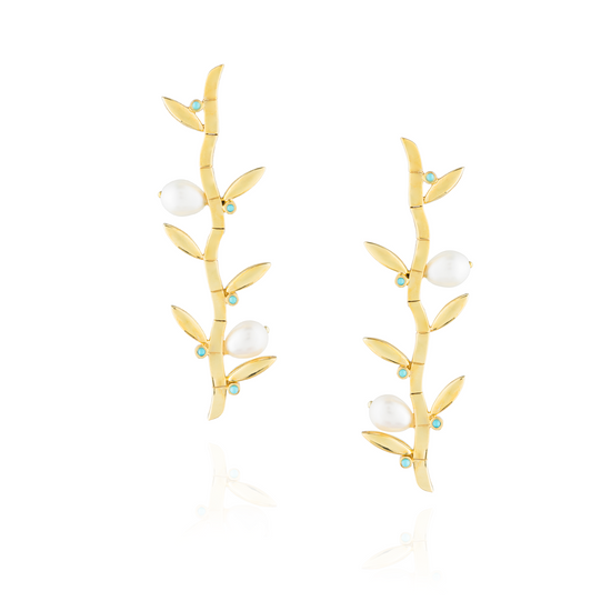 925 Silver Gold  Plated Earrings Fresh Water Pearl with Turquoise Cabouchon