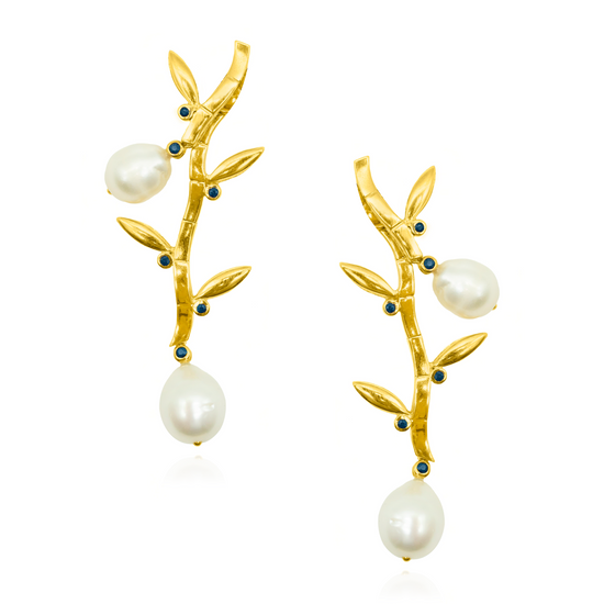 Load image into Gallery viewer, 925 Silver Earrings with Freshwater  Pearls &amp;amp; Blue Sapphire
