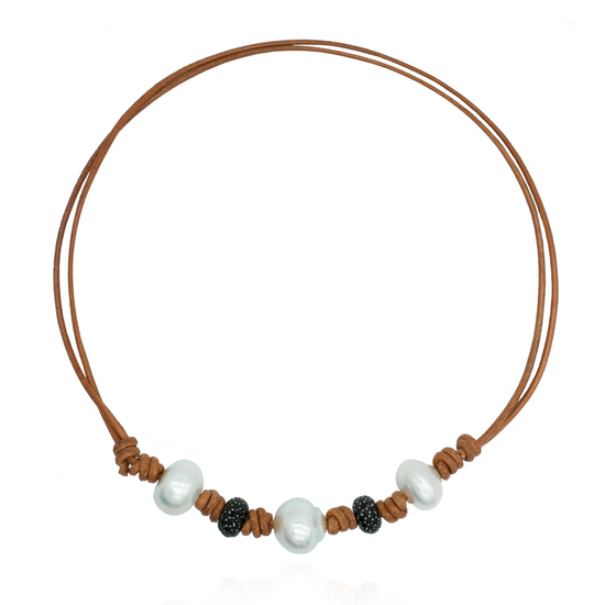 Leather Necklace with South Sea Pearls & Spinel Beads