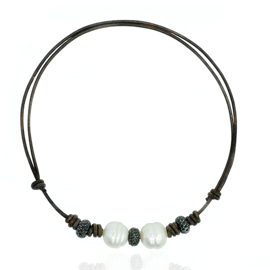 Load image into Gallery viewer, Leather Necklace with South Sea Pearls
