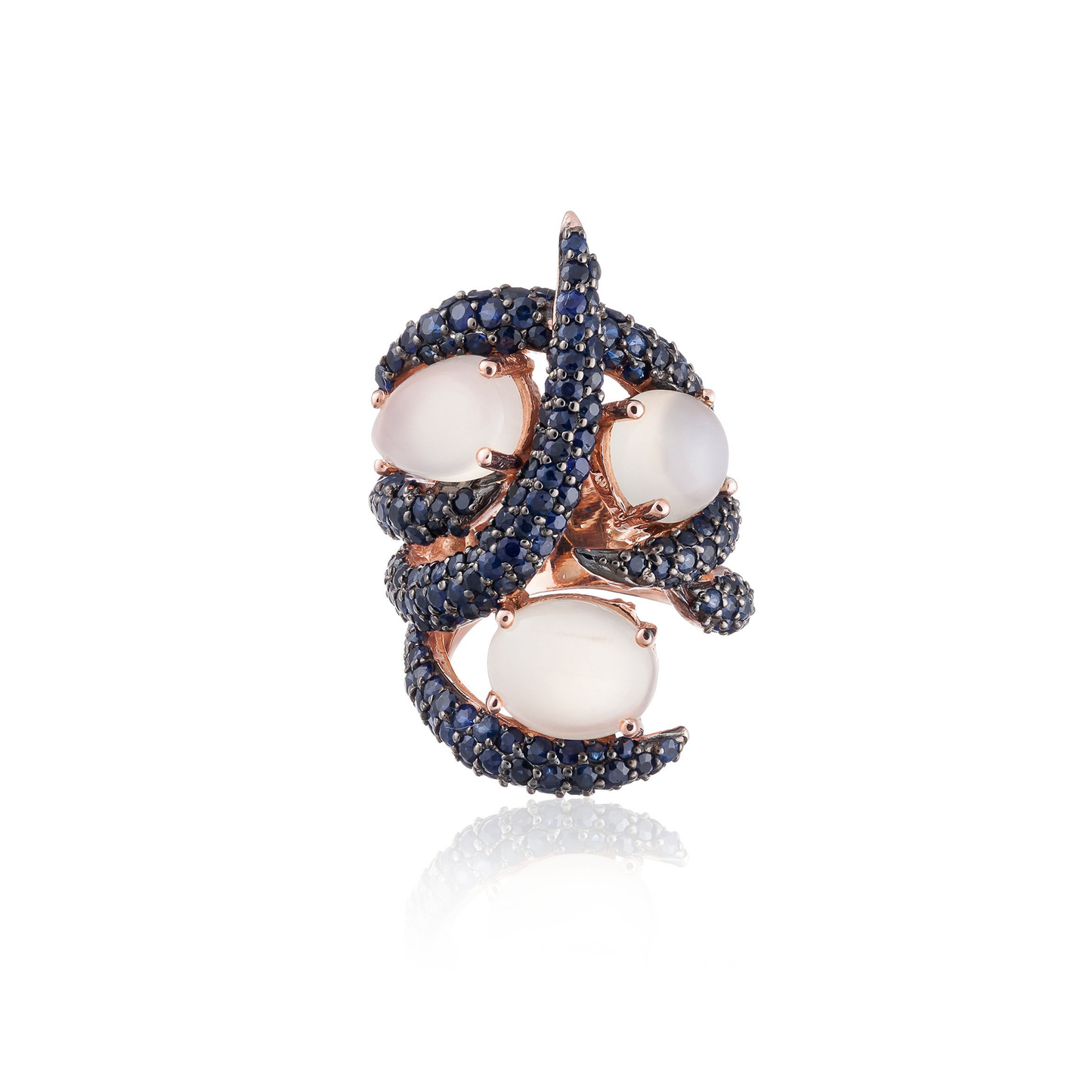 925 Silver Ring Rose Gold Plated with Moonstones & Blue Sapphires