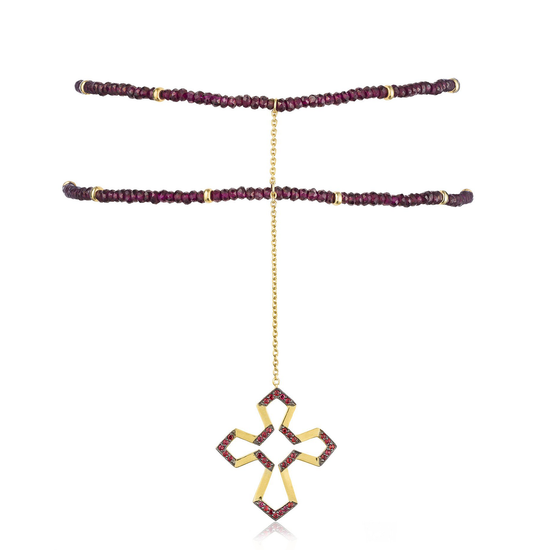 925 Silver Cross Choker with Rubies & Garnets