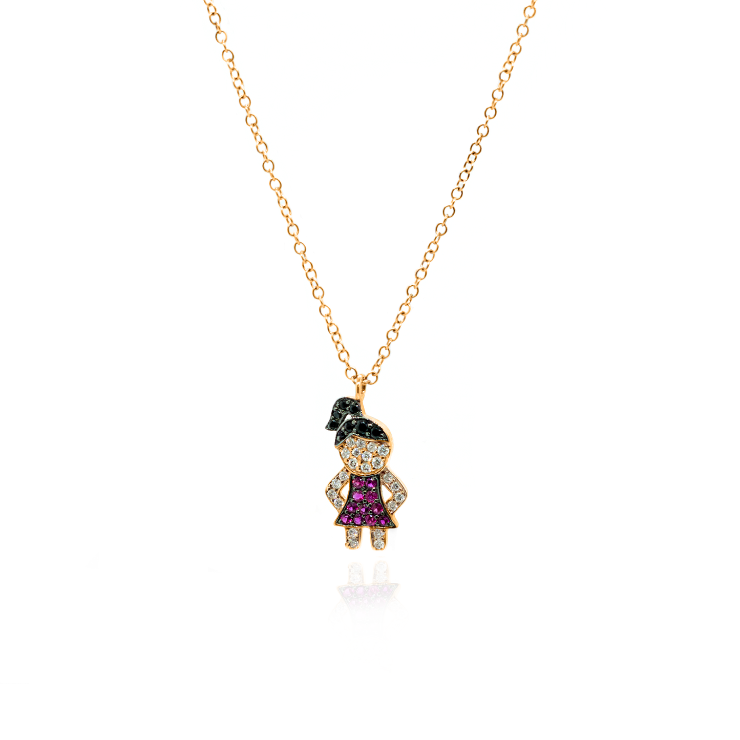 18K Rose Gold Necklace with White Diamond, Black Sapphire & Ruby Pavé