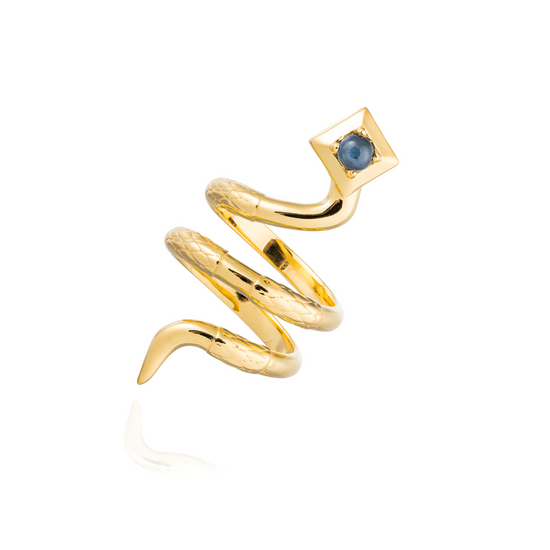 Serpentine 925 Silver Snake Ring with Blue Sapphire Cabouchon