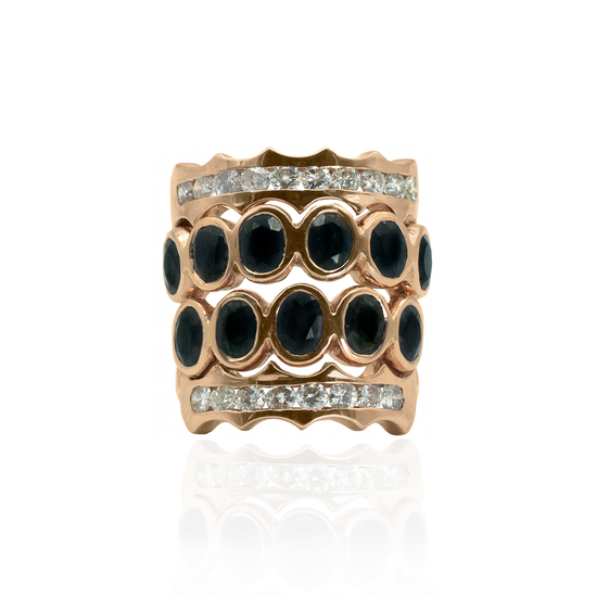 Iconic Wave 18K Rose Gold Ring with Black Sapphires