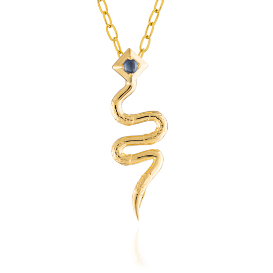 Serpentine 925 Silver Snake Necklace with Blue Sapphire Cabouchon