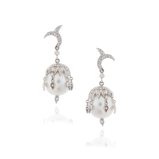 Load image into Gallery viewer, 18K White Gold Earrings with Pearls &amp;amp; Diamonds
