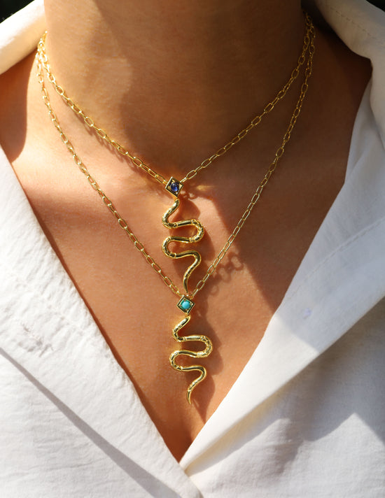 Serpentine 925 Silver  Snake Necklace Yellow Gold Plated with Green Sapphire