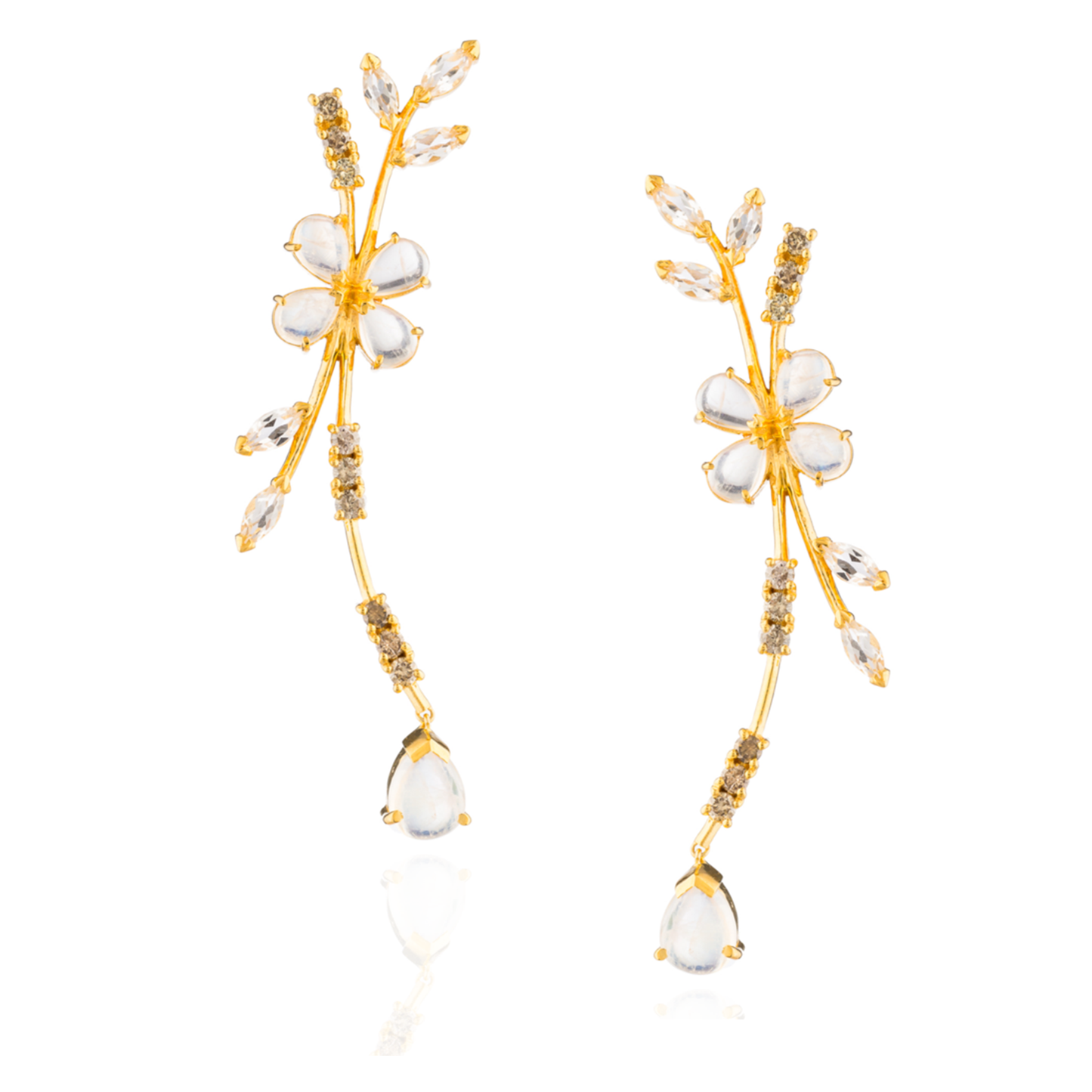 925 Silver Earrings Plated in 18K Yellow Gold with Moonstone, Cognac Diamonds & Crystals
