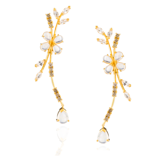 925 Silver Earrings Plated in 18K Yellow Gold with Moonstone, Cognac Diamonds & Crystals