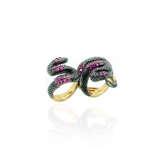 925 Silver Double Finger Snake Ring Plated in Black Rhodium with Rubies