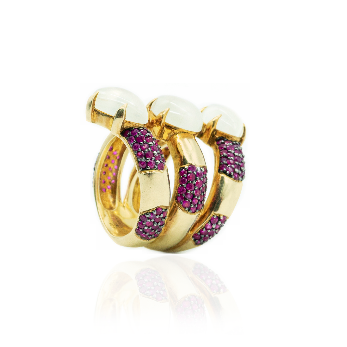 925 Silver Ring with Pear Shaped Moonstone Cabochon & Rubies