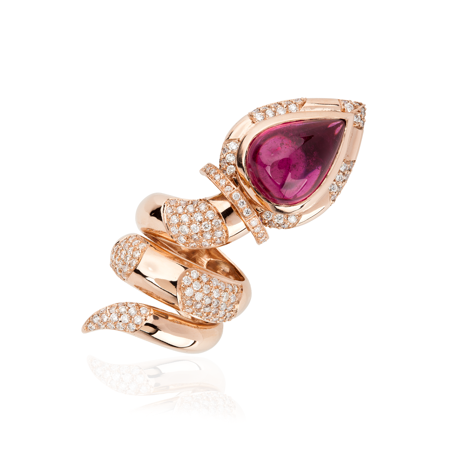 18K Rose Gold Snake Ring with Pear Shaped Tourmaline Cabochon