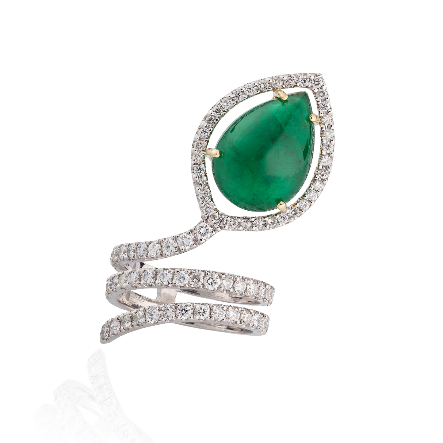 18K White Gold Snake Ring with Pear Shaped Emerald Cabochon