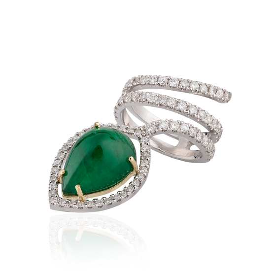 18K White Gold Snake Ring with Pear Shaped Emerald Cabochon