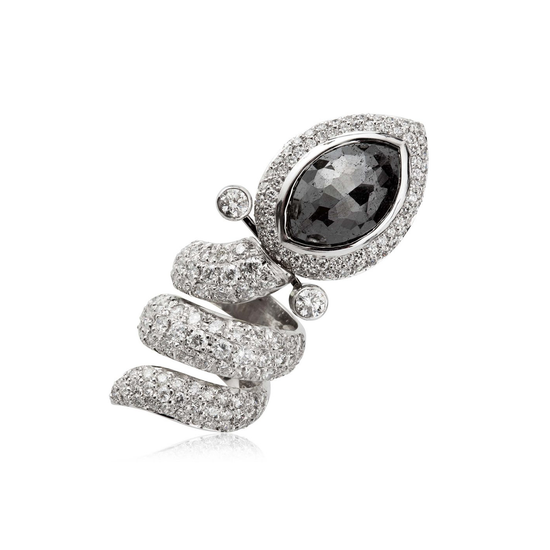 18k White Gold Snake Ring with Black and White Diamonds