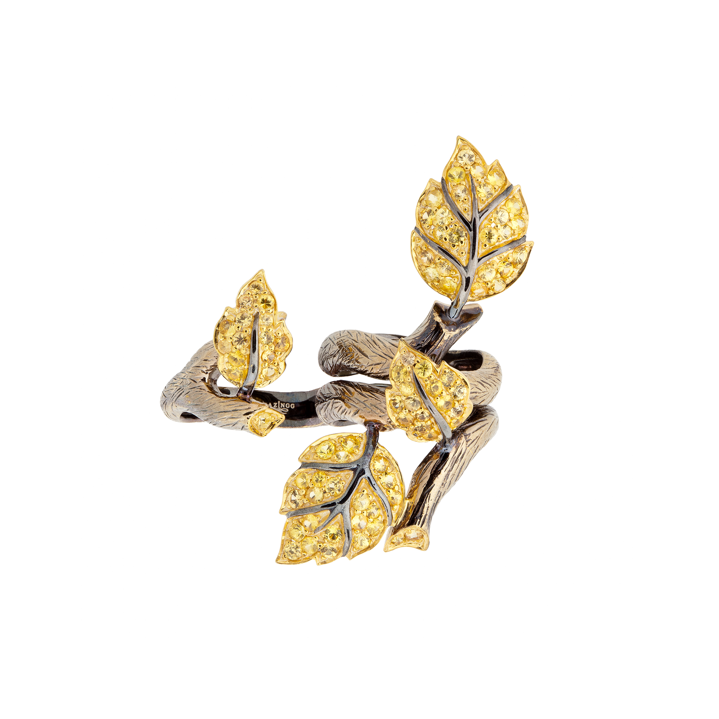 925 Silver Double Leaf Ring with Yellow Sapphires