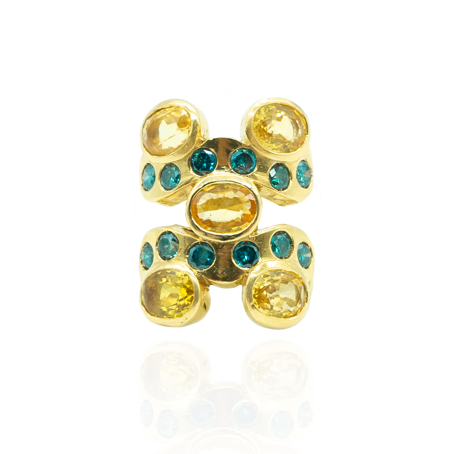 18K Yellow Gold Ring with Yellow Sapphires & Green Diamonds