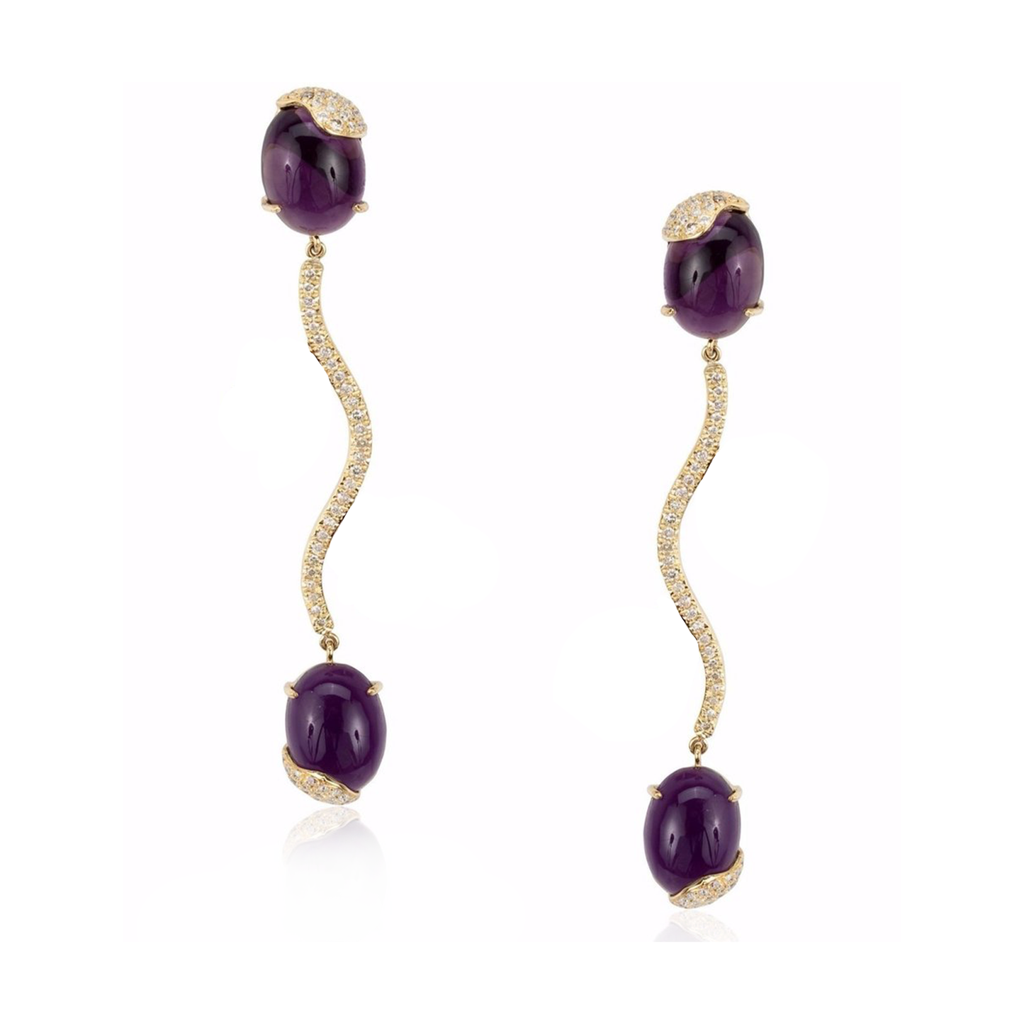 18k Yellow Gold Earrings with Amethyst Cabochons and Diamonds
