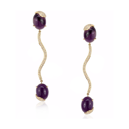 18k Yellow Gold Earrings with Amethyst Cabochons and Diamonds