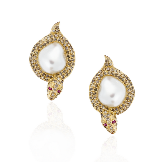 18k Yellow Gold Earrings with South Sea Pearl, Ruby and Diamonds