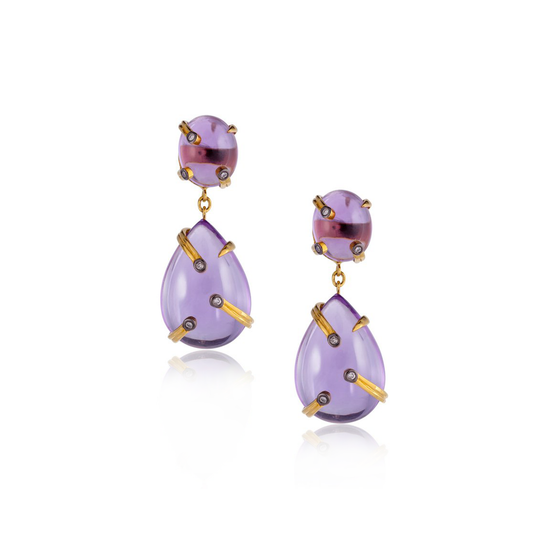 18k Yellow Gold Earrings with Amethyst Cabochons and Diamonds