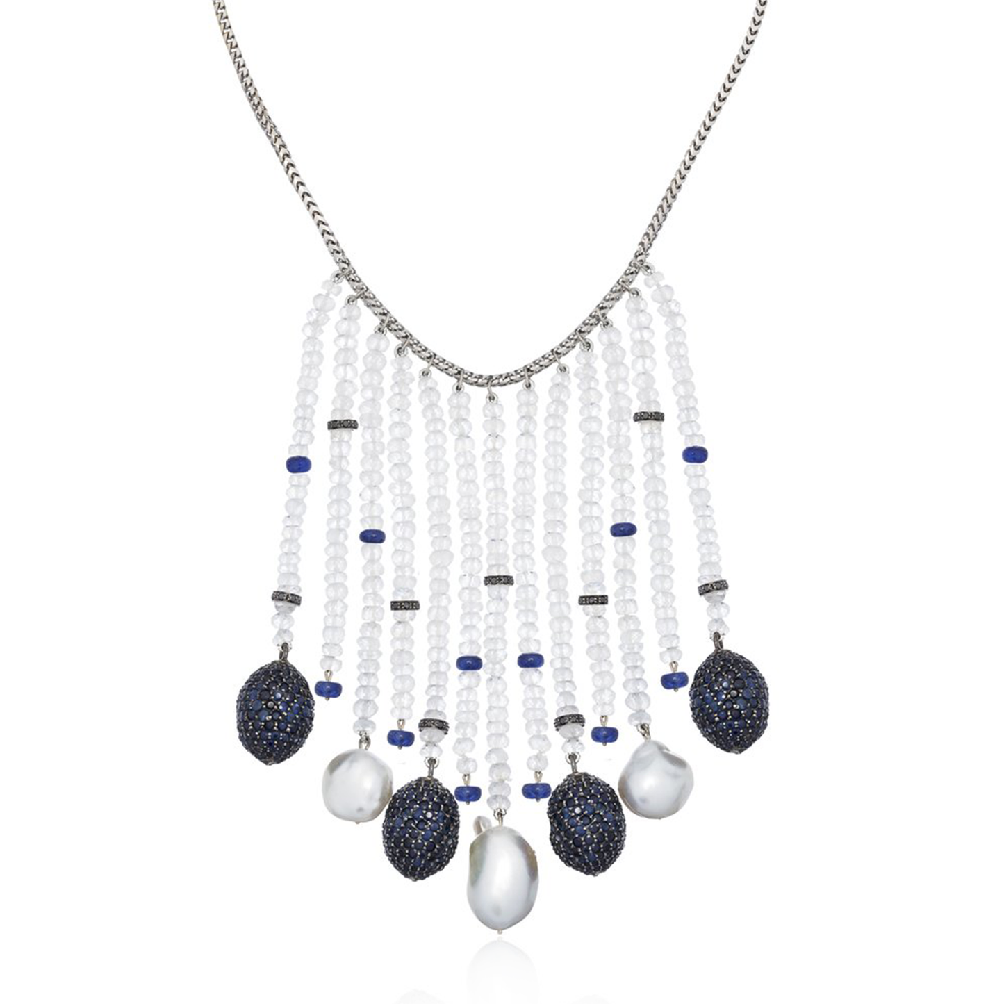 14K White Gold Necklace with Sapphires, Pearls & Moonstones