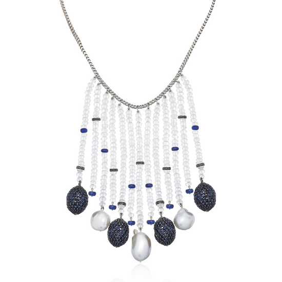 14K White Gold Necklace with Sapphires, Pearls & Moonstones