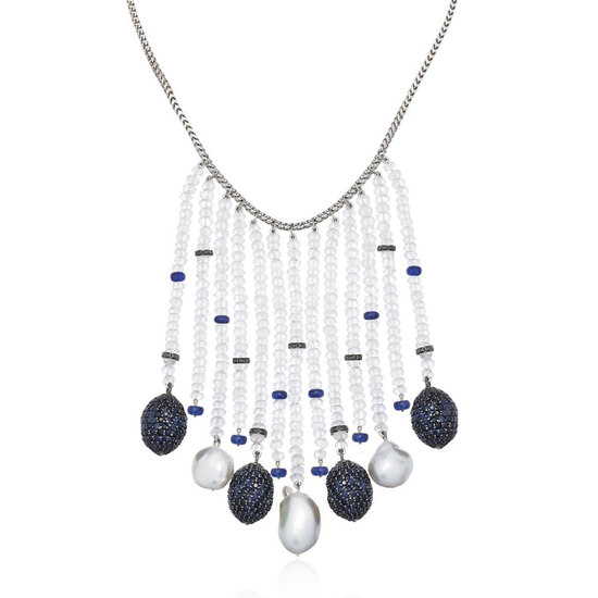 14k White Gold Necklace with Sapphires, Pearls and Moonstones