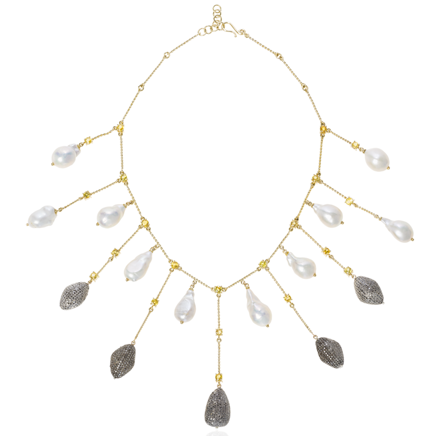 18k Yellow Gold Necklace with Fresh Water Pearls, Sapphire and Diamonds