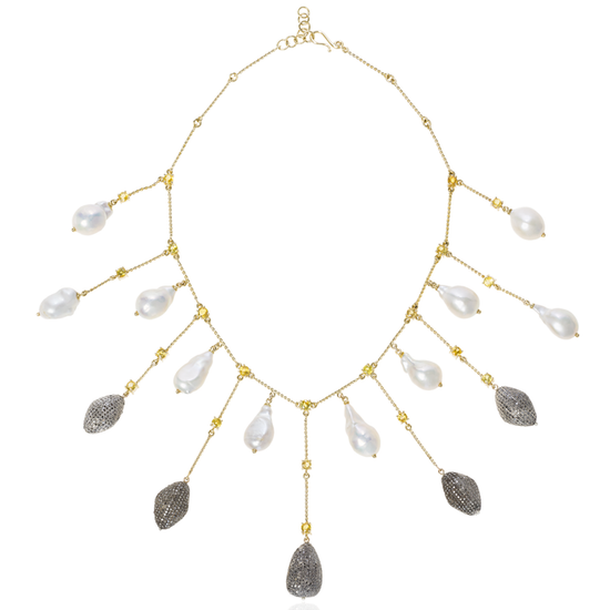 18K Yellow Gold Necklace with Fresh Water Pearls, Sapphire & Diamonds