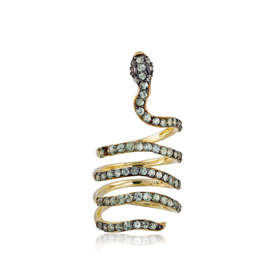18K Yellow Gold Iconic Snake Ring with Green Sapphires