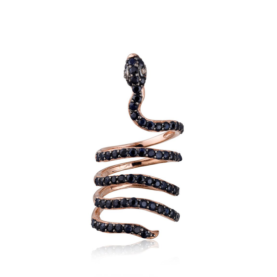 Iconic Snake 18k Rose Gold Ring with Black Sapphires