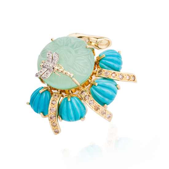 18K Gold Ring with Carved Turquoise Cabochon, Diamond & Peruvian Chalcedony