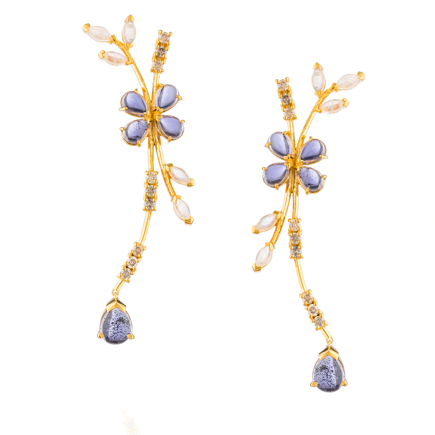 Load image into Gallery viewer, 925 Silver Earrings  with Moonstone Cabouchon, Brown Diamond , Iolite.
