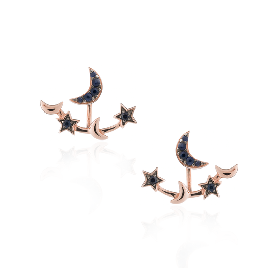 925 Silver Moon and Star Double Earrings with Blue Sapphires