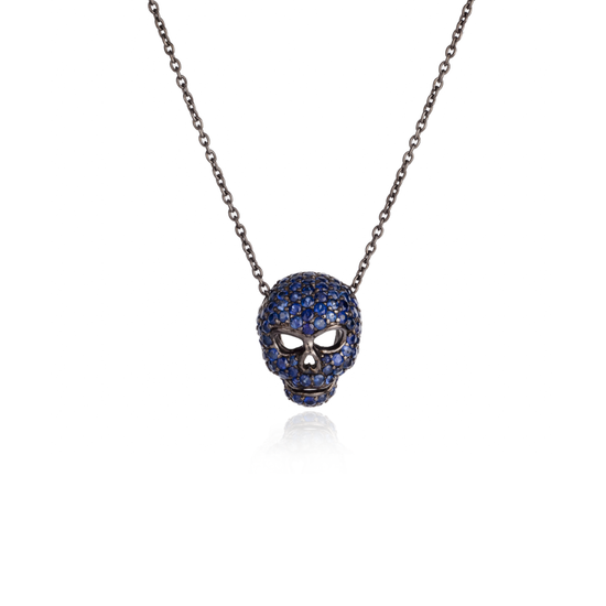 925 Silver Necklace with Blue Sapphire Pavé Skull