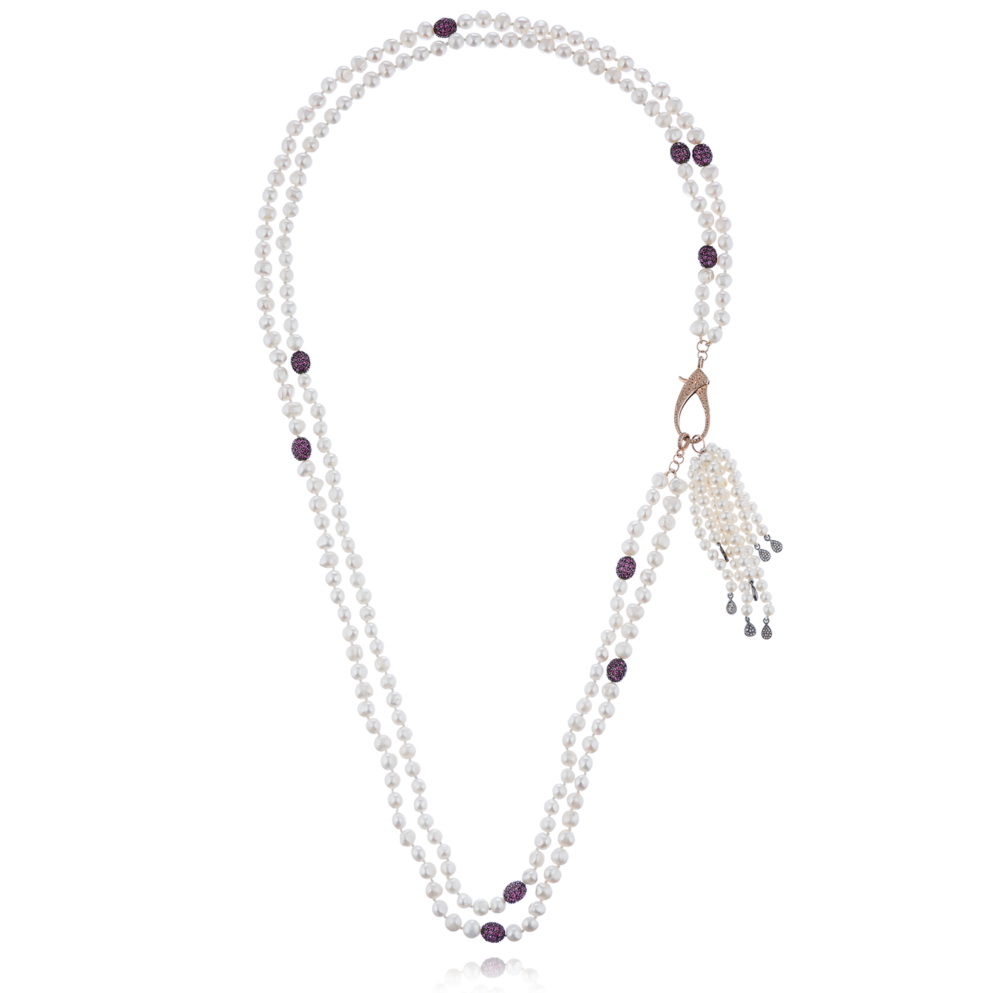 925 Silver Long Necklace with Freshwater Pearls & Garnet