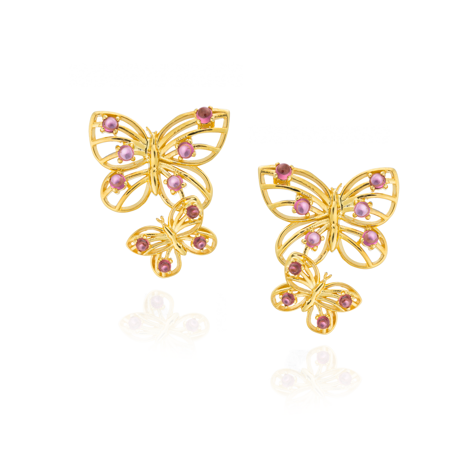 Load image into Gallery viewer, 925 Silver Earrings  plated in 18k Yellow Gold with Rhodolite Cabouchon
