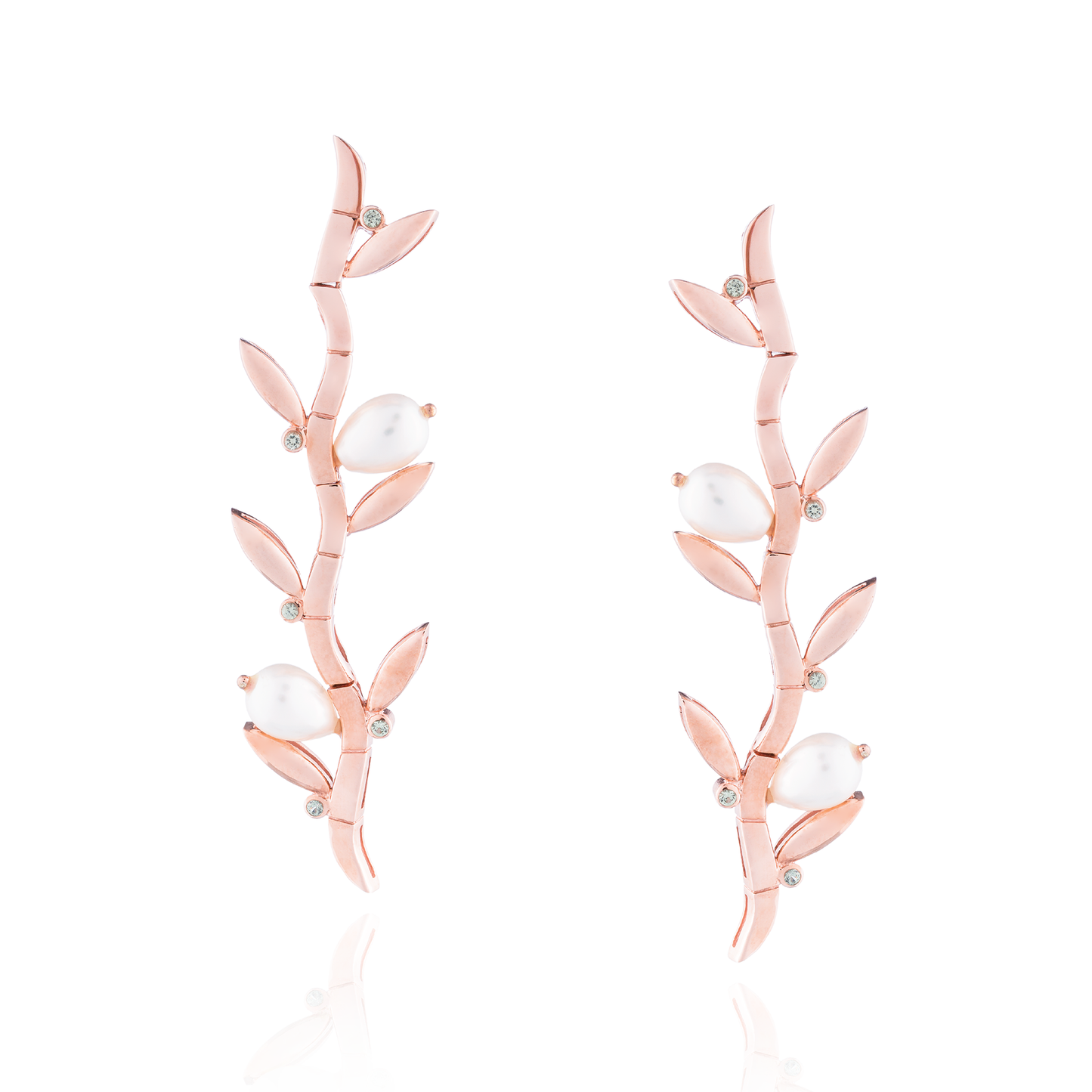 925 Silver Bamboo Earrings Plated in Rose Gold with Pearls & Sapphires