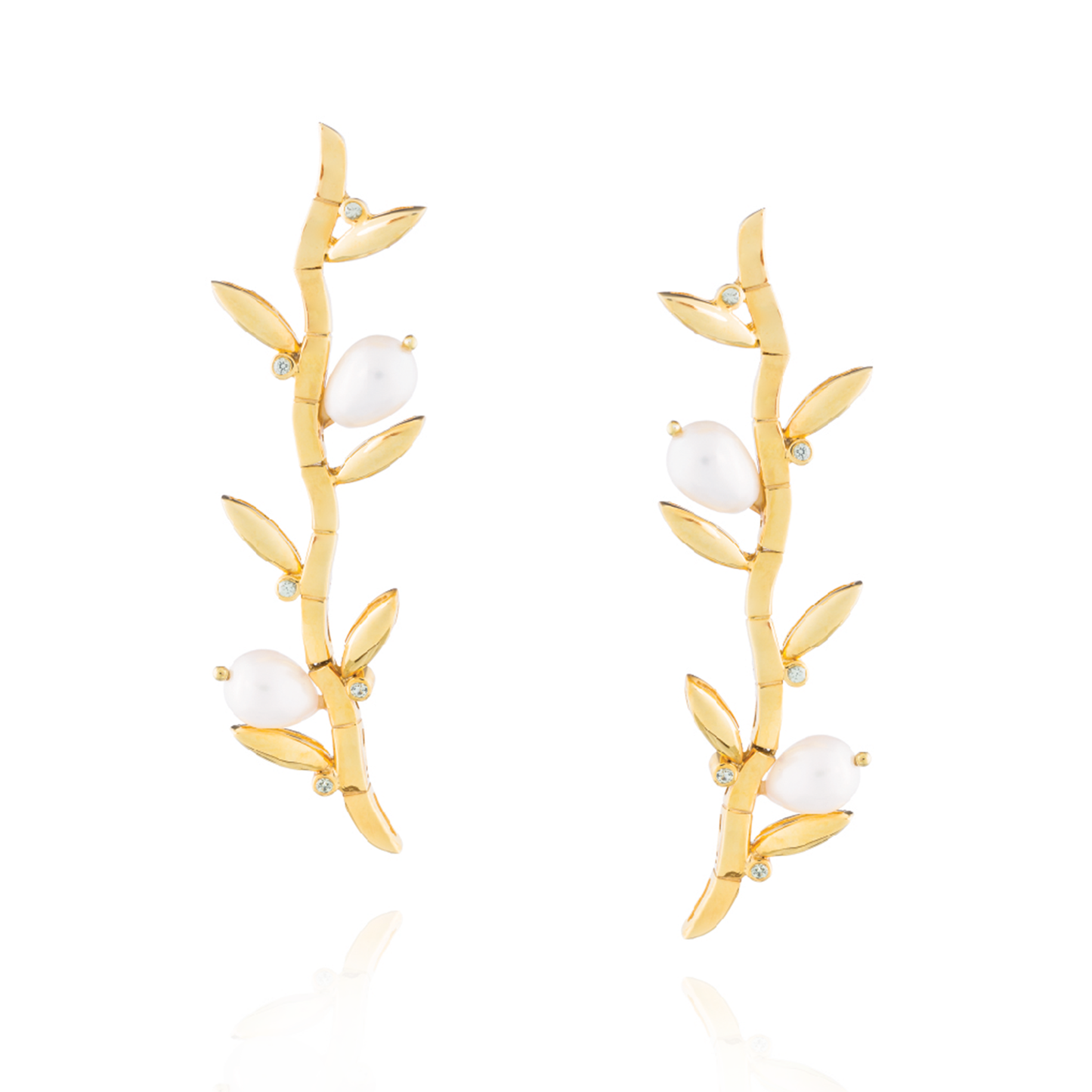 925 Silver Bamboo Earrings Plated in Yellow Gold with Pearls & Sapphires