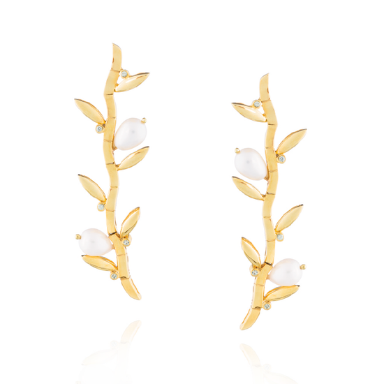 Load image into Gallery viewer, 925 Silver Bamboo Earrings Plated in Yellow Gold with Pearls &amp;amp; Sapphires
